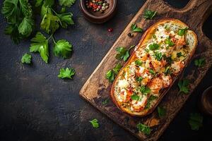A bread with shrimp and herbs on top photo