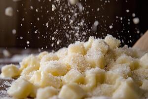 A pile of white sugar on a wooden table photo