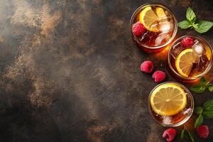 Raspberry Iced Tea With Lemon, Copy Space, Food Image photo