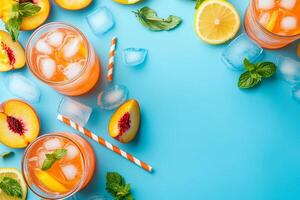 Top View Of Iced Peach Lemonade On Vibrant Background With Copy Space, Food Image photo