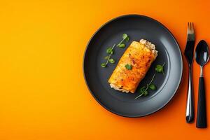 Top View Of Large Chicken Enchiladas On Vibrant Background With Copy Space, Food Image photo