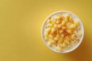 Top View Of Mac And Cheese With Truffle Oil And Breadcrumbs On Vibrant Background With Copy Space, Food Image photo
