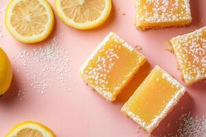 Top View Of Lemon Bar On Vibrant Background With Copy Space, Food Image photo