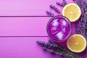 Top View Of Lavender Lemonade On Vibrant Background With Copy Space, Food Image photo