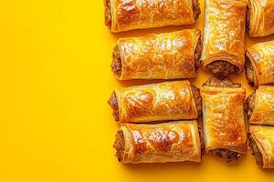 Top View Of Mini Sausage Roll On Vibrant Background With Copy Space, Food Image photo