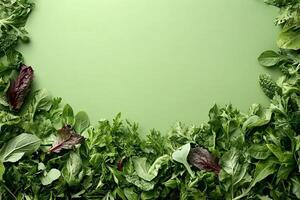 Top View Of Mixed Green Salad With Dijon Vinaigrette On Vibrant Background With Copy Space, Food Image photo