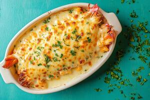Top View Of Lobster Thermidor On Vibrant Background With Copy Space, Food Image photo
