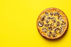 Top View Of Personal Pizza With Mushrooms On Vibrant Background With Copy Space, Food Image photo