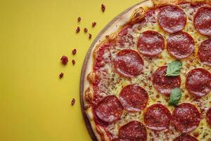 Top View Of Pepperoni Pizza With Mozzarella On Vibrant Background With Copy Space, Food Image photo
