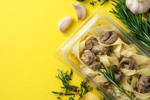 Top View Of Pre-Packaged Beef Stew On Vibrant Background With Copy Space, Food Image photo