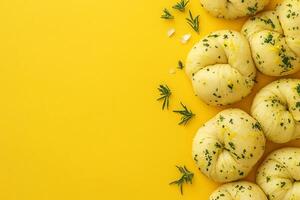 Top View Of Pre-Packaged Garlic Knots On Vibrant Background With Copy Space, Food Image photo
