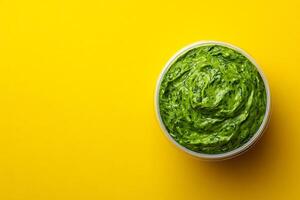 Top View Of Pre-Packaged Spinach Dip On Vibrant Background With Copy Space, Food Image photo