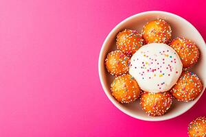 Top View Of Pretzel Bites With Cheese Dip On Vibrant Background With Copy Space, Food Image photo