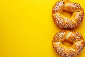 Top View Of Soft Pretzel With Mustard On Vibrant Background With Copy Space, Food Image photo
