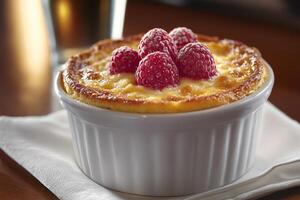 A dessert in a white dish with raspberries photo