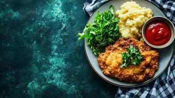Fried chicken with mashed potatoes and ketchup on a plate photo