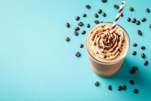 Top View Of Blended Mocha Frappuccino On Vibrant Background With Copy Space, Cuisine Photography photo