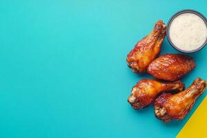 Top View Of Buffalo Wings With Ranch Dip On Vibrant Background With Copy Space, Cuisine Photography photo