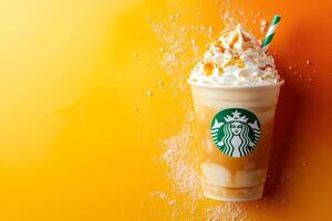 Top View Of Caramel Frappuccino On Vibrant Background With Copy Space, Cuisine Photography photo