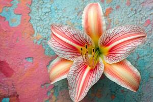 Daylily on a vibrant background, top view photorealistic flower photo