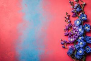 Top view photorealistic Delphinium, flower set on a vibrant background photo