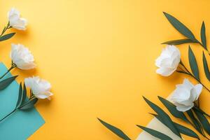 Eustoma on a vibrant background, photorealistic top view Eustoma flower photo