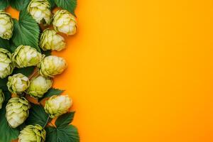 Hops on a vibrant background, top view photorealistic plant photo