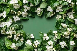 Top view Jasmine on a vibrant background, flower setting photo