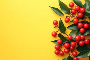Nandina on a vibrant background, photorealistic top view Nandina flower photo