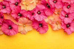 Top view Pinks annuals on a vibrant background, flower setting photo