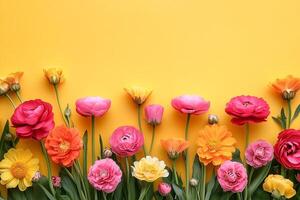Top view photorealistic Pinks annuals, flower set on a vibrant background photo