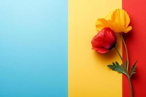 Poppy on a vibrant background, top view photorealistic flower photo