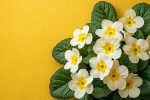 Primula veris on a vibrant background, top view photorealistic flower photo