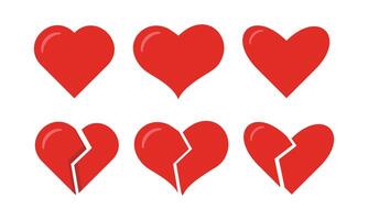 set of red heart and broken heart icons with different styles. vector
