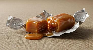 Cutting Into Soft Caramel Candy with Foil Wrapper on Textured Surface photo