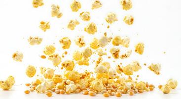 Popcorn Falling with Corn Kernels on a White Background photo