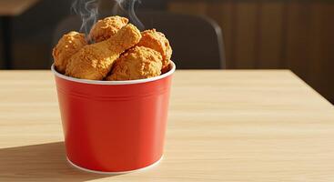 Serving of Crispy Fried Chicken in a Red Bucket on a Wooden Table photo