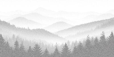 Layered stipple halftone forest with fog and pine trees. Calm minimal background with grainy mountain landscape. vector