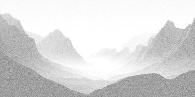 Stipple halftone illustration of layered mountain peaks with fog. Minimal grainy texture and monochrome landscape background. vector