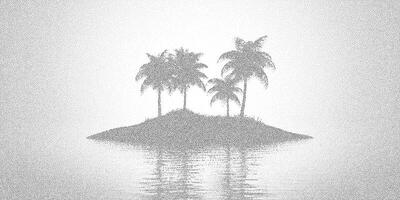 Minimal stipple island scene with palm trees and water reflection. Halftone tropical landscape in monochrome texture. vector
