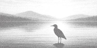 Monochrome stipple scene of a bird at calm lake, with misty mountains and water reflection. Elegant halftone nature design vector