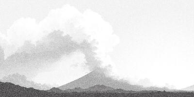 Stipple halftone landscape of a smoking volcano with thick plume. Grainy texture and monochrome style of eruption scene. vector
