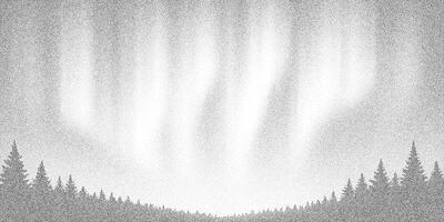 Stipple halftone forest with aurora-style light in sky. Monochrome pine trees with soft glowing rays and grainy texture. vector