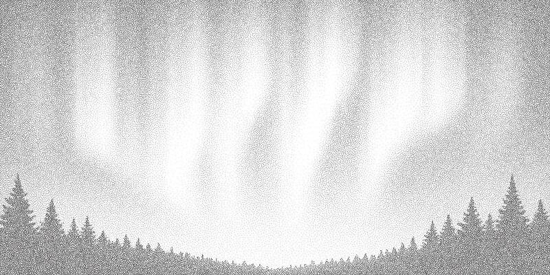 Stipple halftone forest with aurora-style light in sky. Monochrome pine trees with soft glowing rays and grainy texture.
