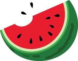 Bitten red watermelon slice with green rind and black seeds isolated on transparent background vector