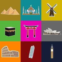 set of icon stickers of famous world buildings with different shapes vector