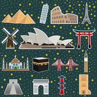 set of stickers of famous world buildings with different shapes vector