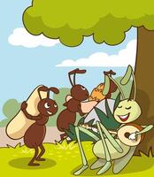 illustration for the story of cicada and ant. cicada is having fun while ants are working image vector