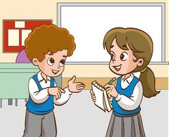 illustration of two cute little students talking in the classroom. the student asking a question to his friend is noting the answers vector