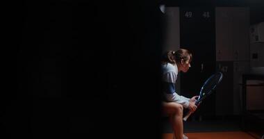 Young woman tennis player resting after playing tennis, sitting on a bench in a locker room photo